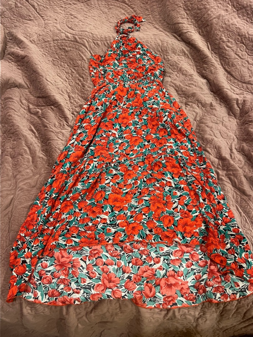 SHEIN Red Floral Maxi Dress with Green Leaves